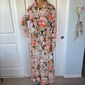 Vintage 60s 70s Stroller metallic threaded neon orange print dress L